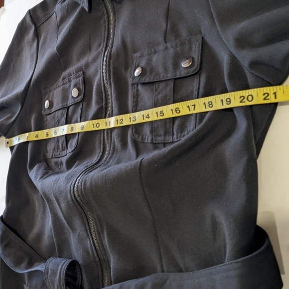 Sharagano Belted Zip Shirt Dress Safari Patch Pocket Roll Tab Sleeve Black - Picture 11 of 16